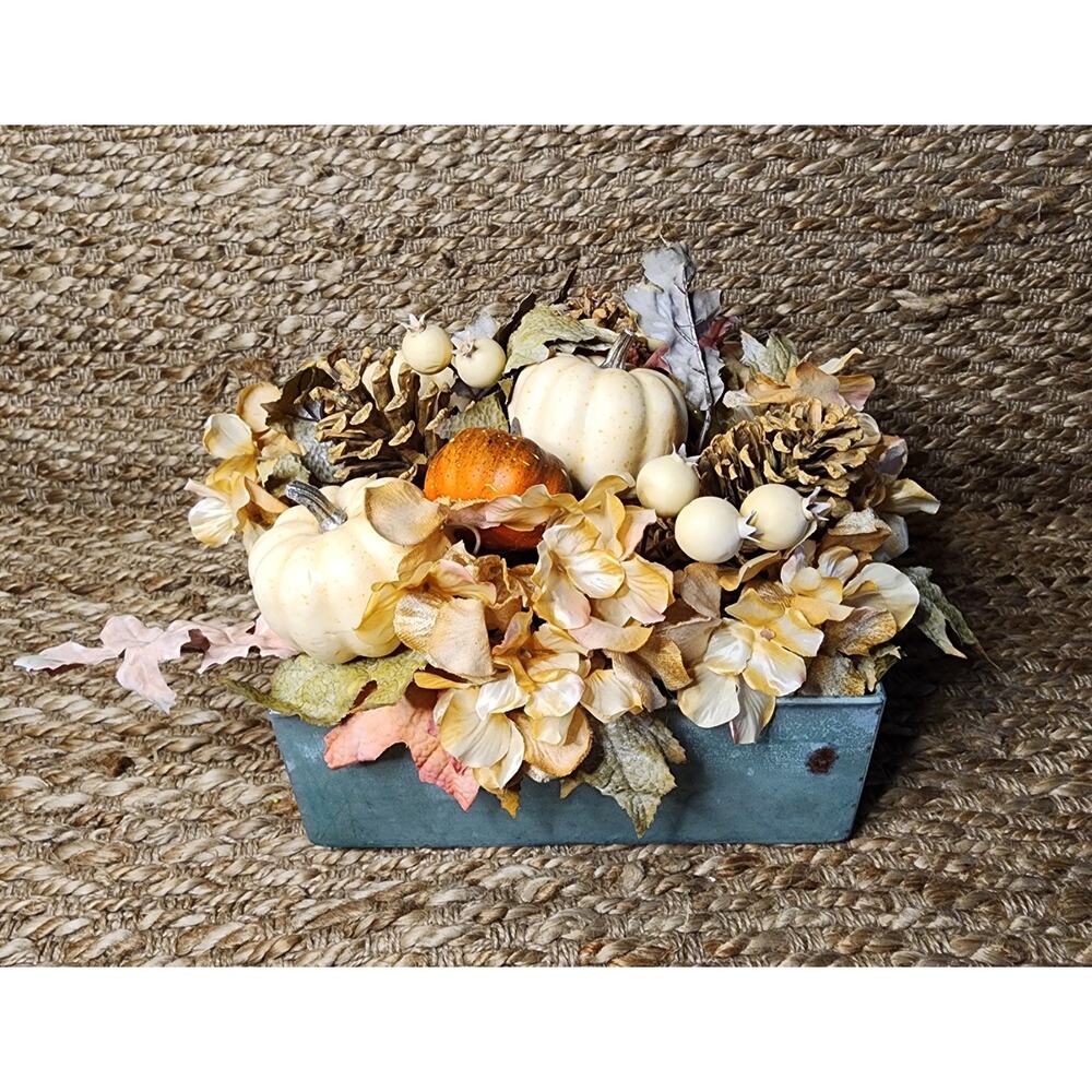 Modern Fall Leaves Thanksgiving Centerpiece Beige Pumpkins Metal Base